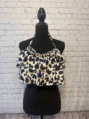 SHEIN Black White & Gold Leopard Ruffle Halter Bikini Top